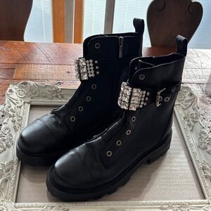 Karl Lagerfeld Black Leather Combat Boots with Rhinestone Buckles.  Size 9.5.